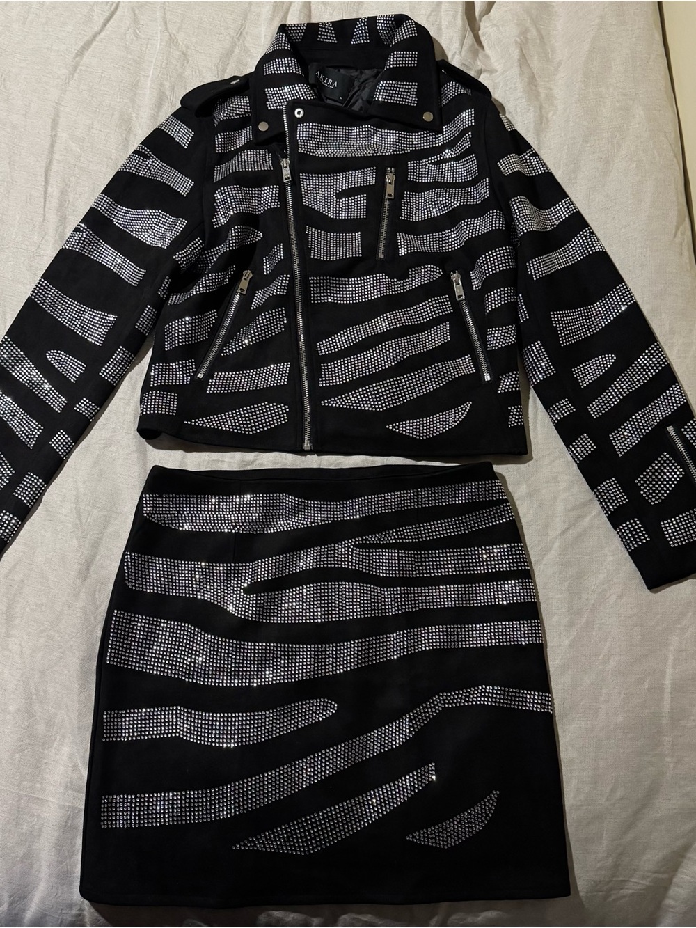 AKIRA Rhinestone Print Moto Jacket & Mini Skirt Set Women’s M/L Black